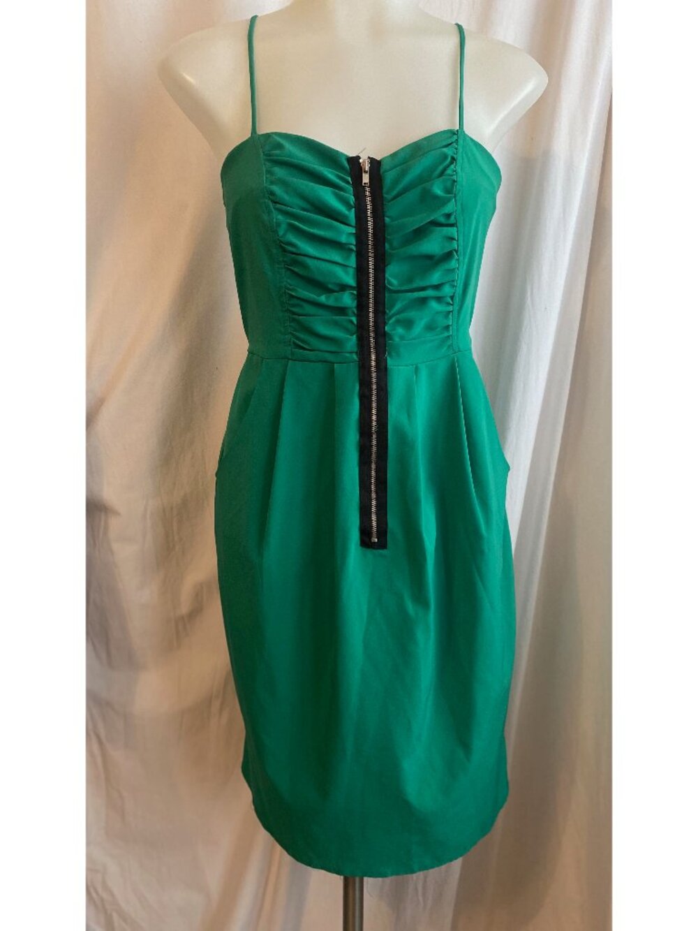 My Story Emerald Green Ruched Satin Mini Dress Lace Up Back Size M